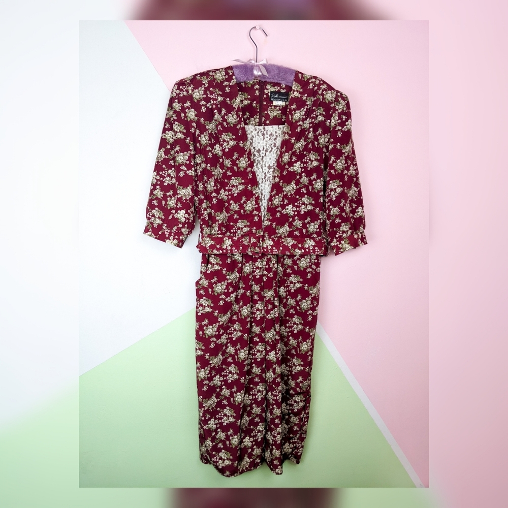 Vintage 80's Breli Originals Burgundy Red & White Floral Half Sleeve Dress - Picture 4 of 4